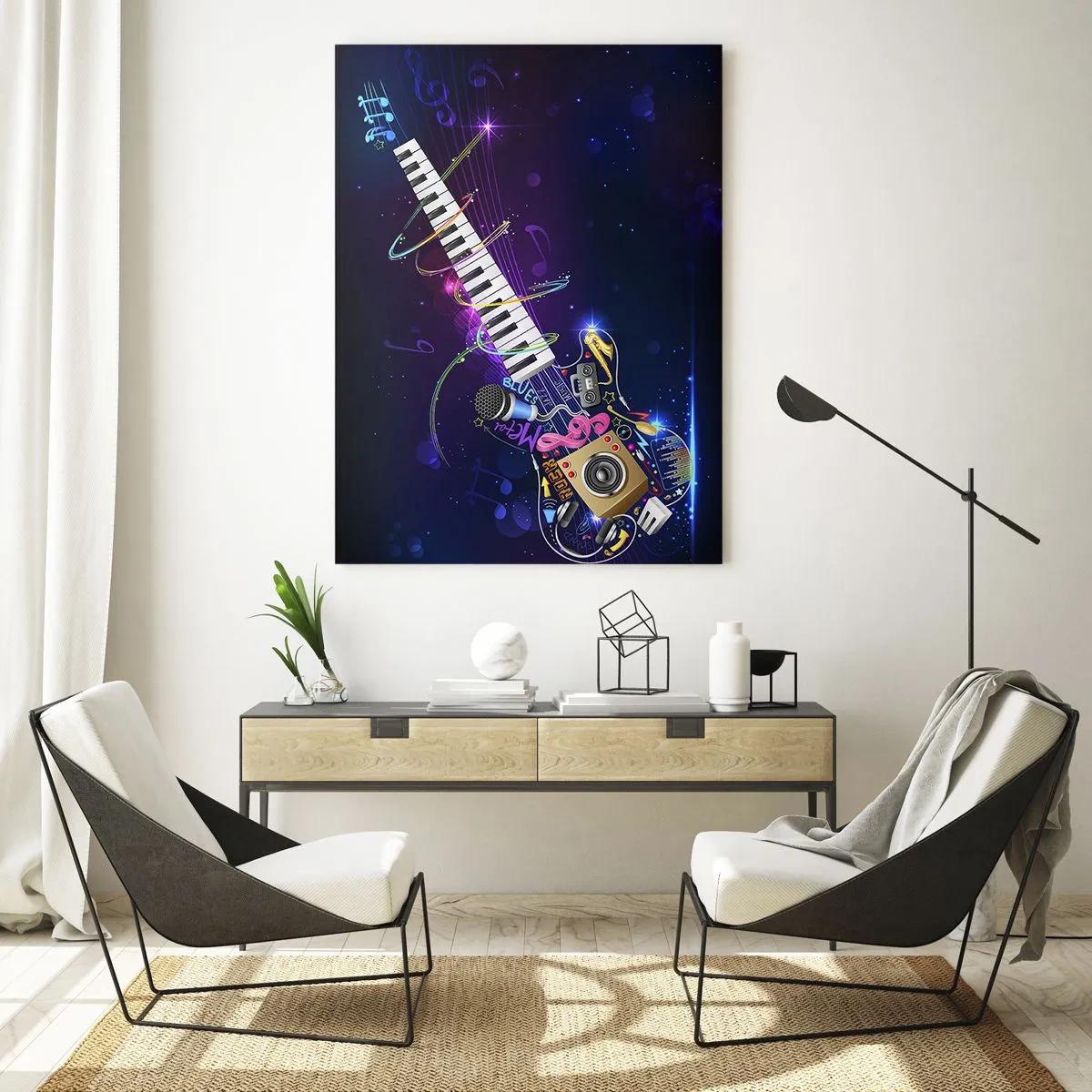 Glasbild - Bild auf glas - Eine bunte Gitarre mit Keyboard und Mikrofon auf dunklem Hintergrund. - 80x120cm - Und alles ist gut - Moderne Wanddekoration für Wohnzimmer und Schlafzimmer ARTTOR