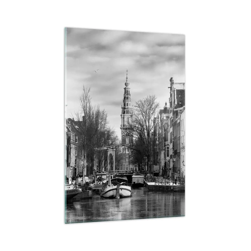 Glasbild - Bild auf glas - Schwarz-Weiß-Panorama von Amsterdam mit Kanal und historischen Gebäuden - 70x100cm - Amsterdamer Atmosphäre - Moderne Wanddekoration für Wohnzimmer und Schlafzimmer ARTTOR