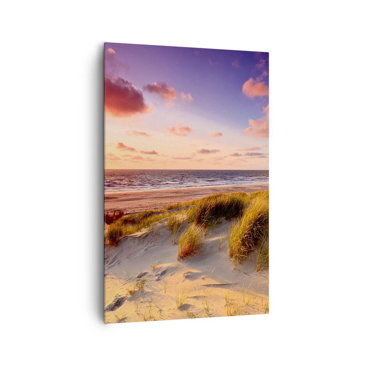 Bild auf Leinwand - Leinwandbild - Ein grasbewachsener Strand und ein Sonnenuntergang über einem ruhigen Meer - 80x120cm - Die Luft riecht schon im Sommer - Moderne Wanddekoration für Wohnzimmer und Schlafzimmer ARTTOR