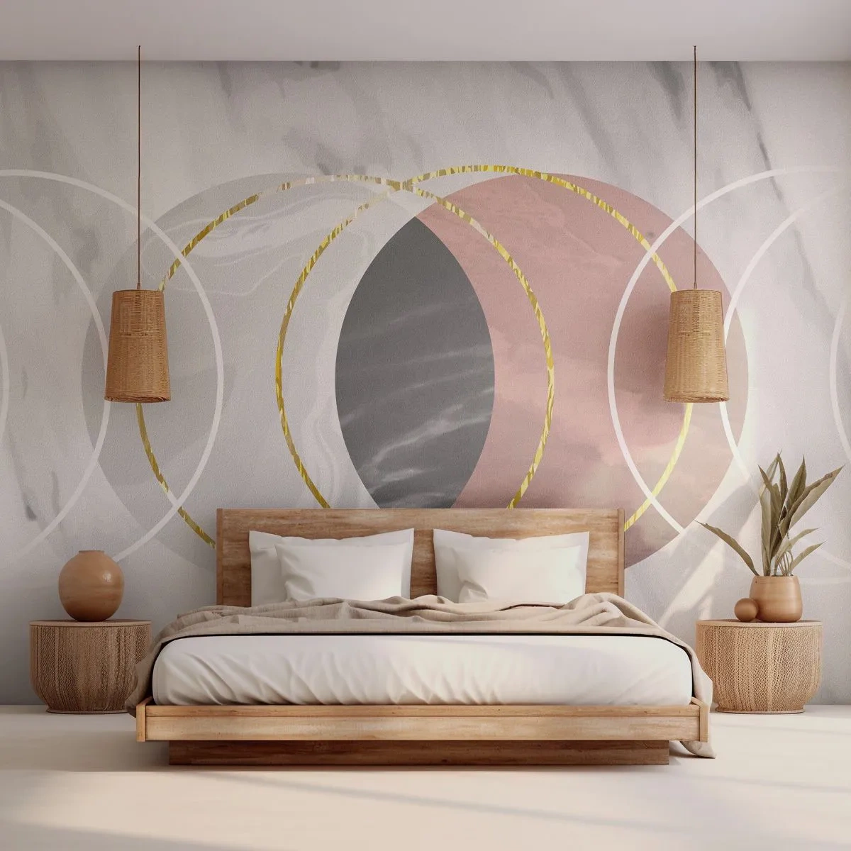 Fototapete Premium Sand - Moderne Abstraktion mit Kreisen auf marmorähnlichem Hintergrund - 100x70cm - Musik der Sphären - Moderne Wanddekoration für Wohnzimmer und Schlafzimmer ARTTOR