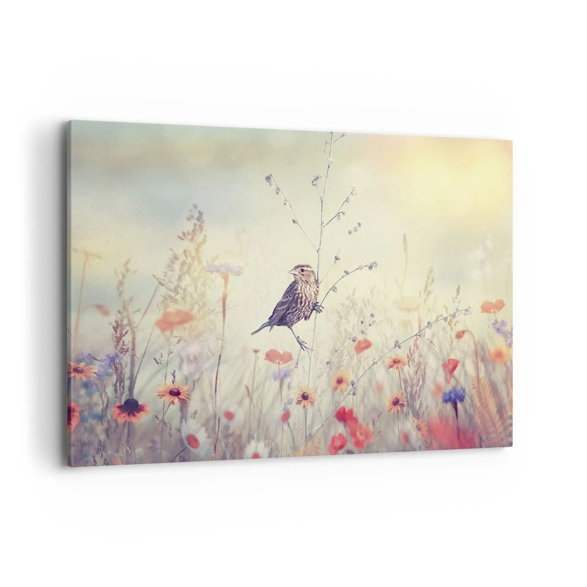 Bild auf Leinwand - Leinwandbild - Ein Vogel vor dem Hintergrund einer bunten Wiese in Pastellfarben - 100x70cm - Vogelporträt mit einer Wiese im Hintergrund - Moderne Wanddekoration für Wohnzimmer und Schlafzimmer ARTTOR