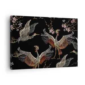 Bild auf Leinwand - Leinwandbild - Stilvolle Kraniche und Blumen auf schwarzem Hintergrund - 70x50cm - Märchenvogel - Moderne Wanddekoration für Wohnzimmer und Schlafzimmer ARTTOR
