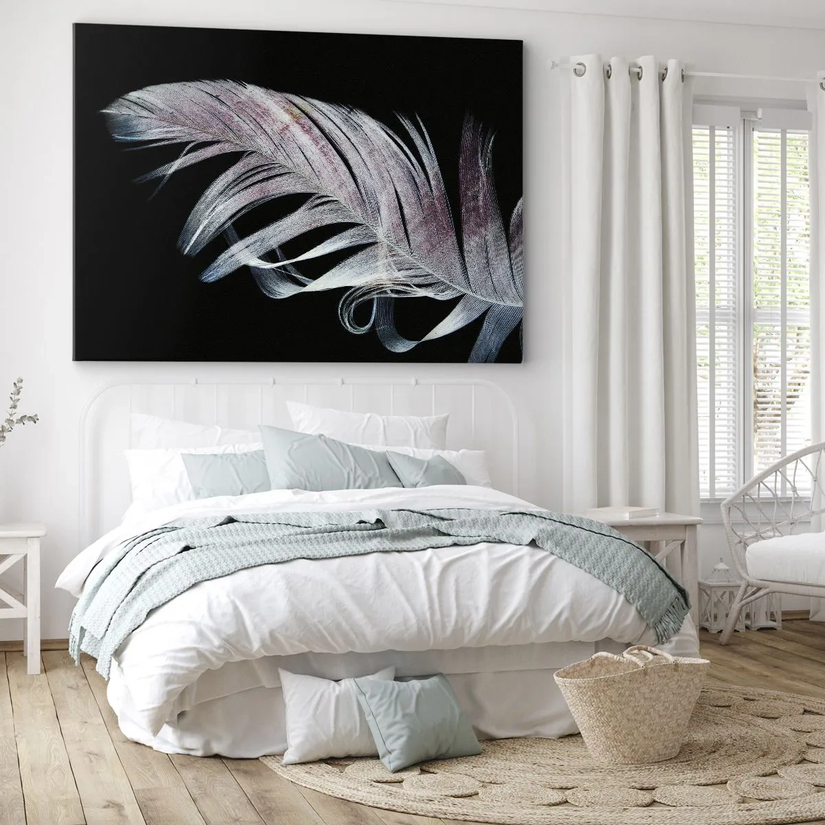 Bild auf Leinwand - Leinwandbild - Eine zarte Feder auf schwarzem Hintergrund in einem künstlerischen Ansatz - 70x50cm - Denke an Berührung - Moderne Wanddekoration für Wohnzimmer und Schlafzimmer ARTTOR