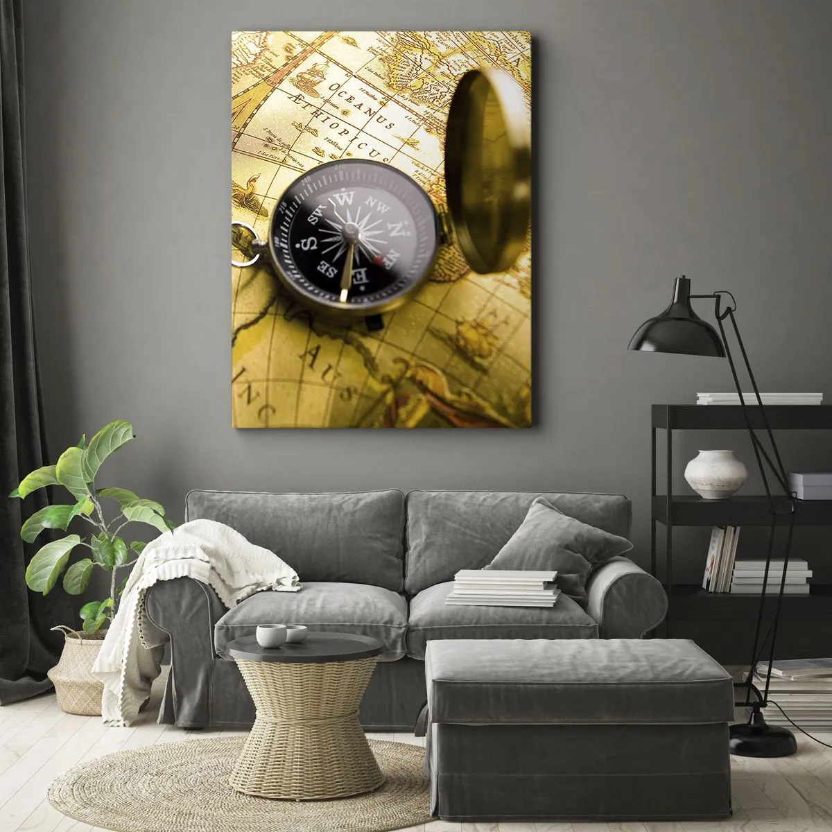 Bild auf Leinwand - Leinwandbild - Ein antiker Kompass vor dem Hintergrund einer alten Weltkarte - 70x100cm - Oder vielleicht bis ans Ende der Welt? - Moderne Wanddekoration für Wohnzimmer und Schlafzimmer ARTTOR