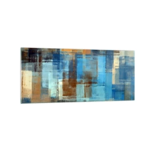 Glasbild - Bild auf glas - Abstrakte geometrische Komposition in Blau- und Brauntönen - 120x50cm - Durch den blauen Schleier - Moderne Wanddekoration für Wohnzimmer und Schlafzimmer ARTTOR