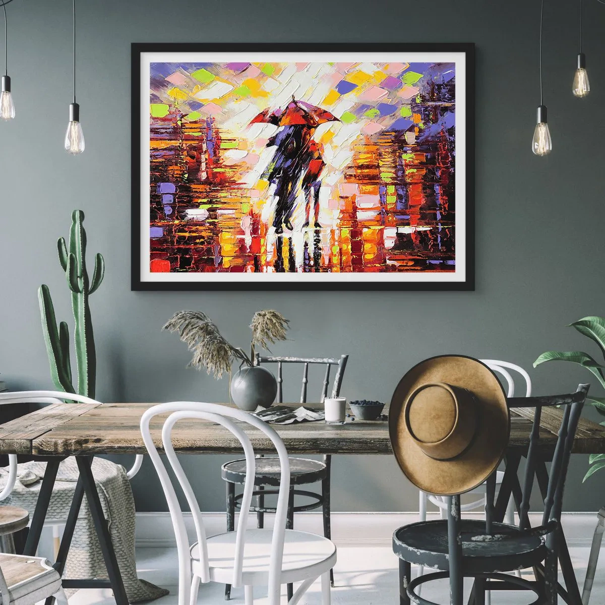 Poster in einem schwarzem Rahmen - Eine abstrakte Szene eines Spaziergangs unter einem Regenschirm in einer regnerischen Nacht. - 70x50cm - Gemeinsam durch die Nacht und den Regen - Moderne Wanddekoration für Wohnzimmer und Schlafzimmer ARTTOR