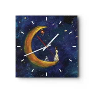 Wanduhr - Glasuhr - Ein Mädchen steht auf dem Mond in einem Sternenhimmel - 30x30cm - Der Ruf der Welt - Moderne Wanddekoration für Wohnzimmer und Schlafzimmer ARTTOR