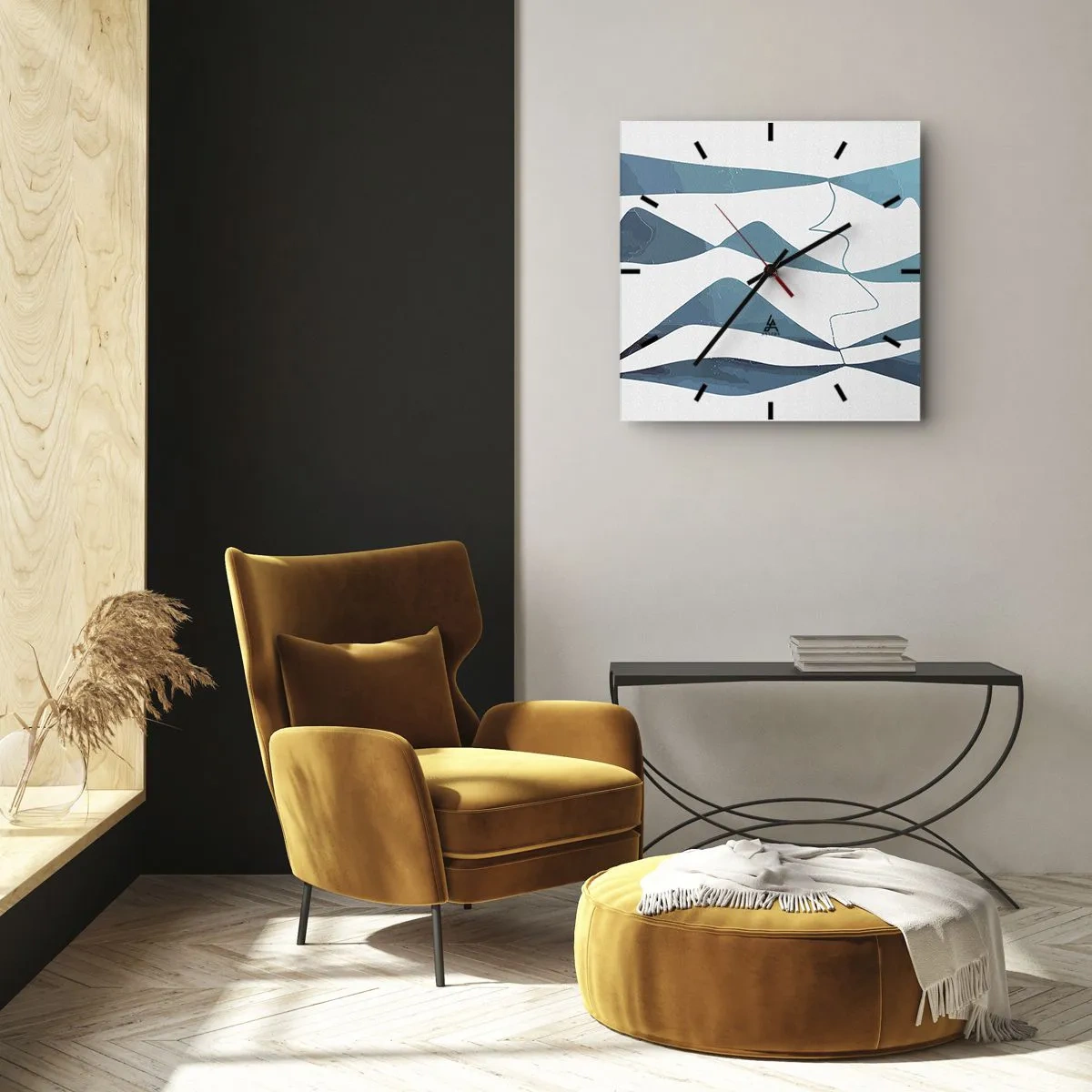 Wanduhr - Glasuhr - Abstrakte Formen in Blautönen auf weißem Hintergrund - 30x30cm - Abstraktion: türkisfarbene Verbindung - Moderne Wanddekoration für Wohnzimmer und Schlafzimmer ARTTOR
