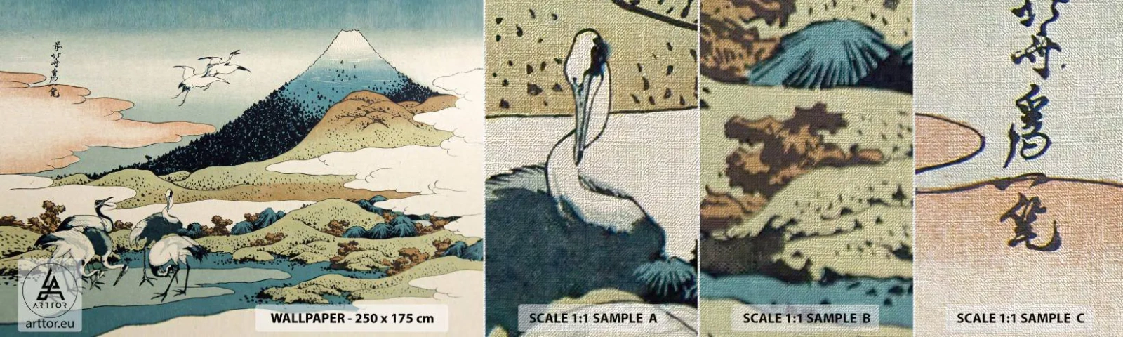 Fototapeten Muster Premium Canvas - Im japanischen Geist - Storch, Vogel, Landschaft - 100x30 cm
