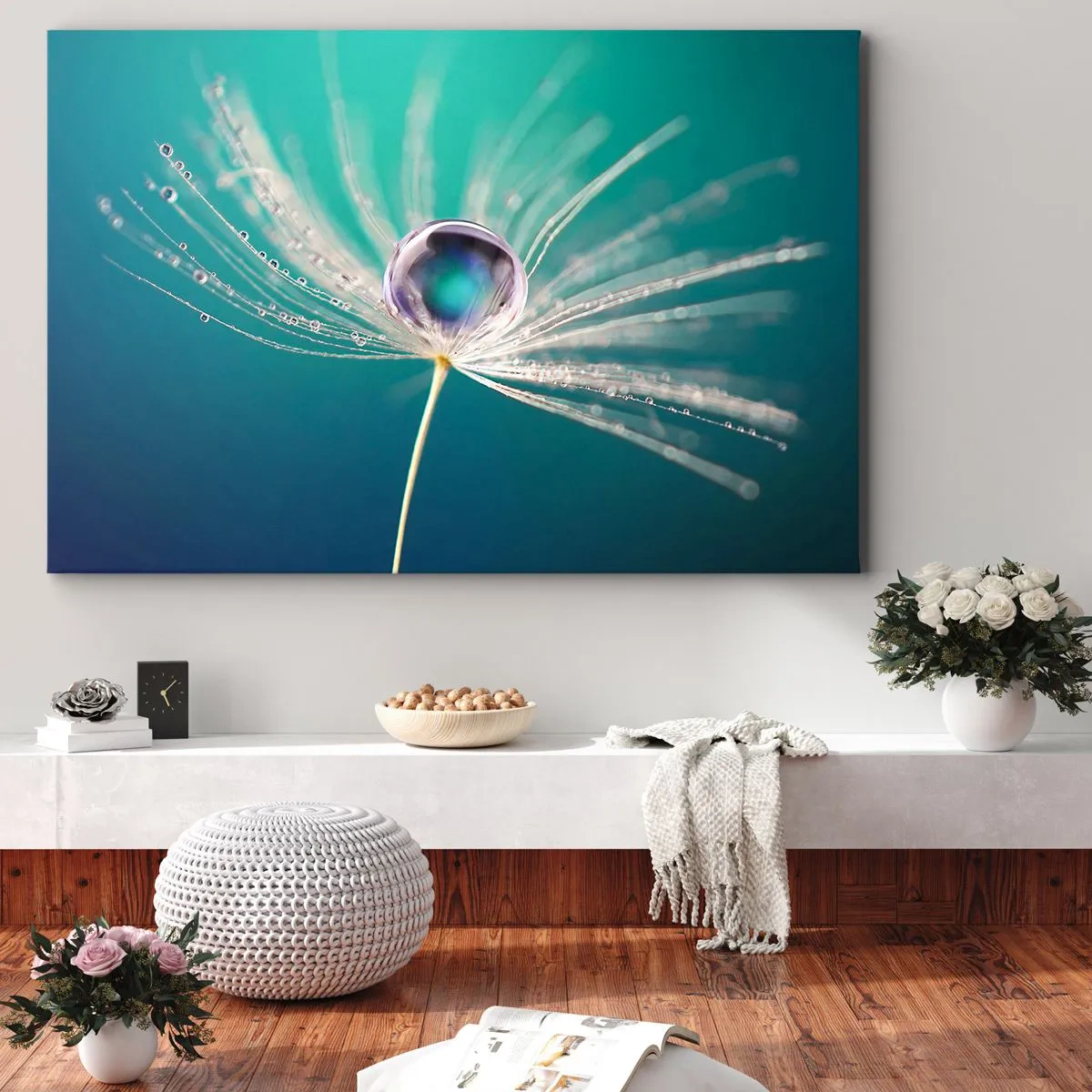 Bild auf Leinwand - Leinwandbild - Makroaufnahme eines Wassertropfens auf einem zarten Löwenzahnsamen - 70x50cm - Mystischer Moment - Moderne Wanddekoration für Wohnzimmer und Schlafzimmer ARTTOR