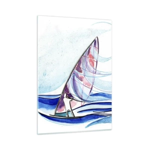 Glasbild - Bild auf glas - Ein Segelboot auf den Wellen im Aquarellstil - 50x70cm - Mit dem Wind im Rhythmus der Wellen - Moderne Wanddekoration für Wohnzimmer und Schlafzimmer ARTTOR