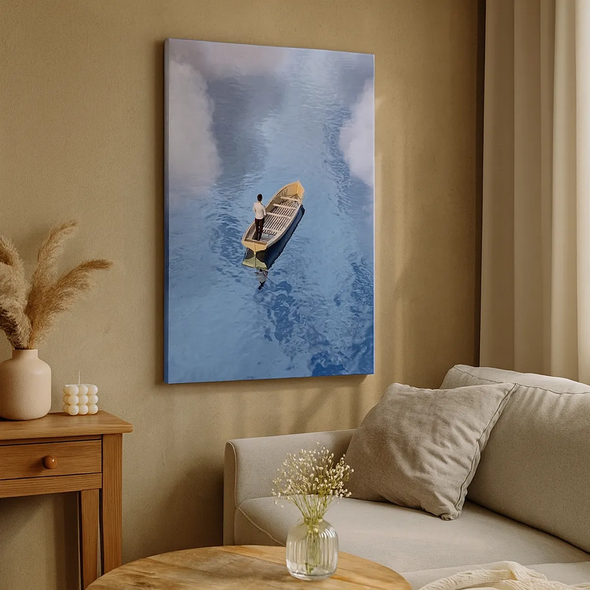 Bild auf Leinwand - Leinwandbild - Ein Mann in einem Boot auf einem ruhigen Meer, umgeben von Wolken - 50x70cm - Leben – Reise – unbekannt - Moderne Wanddekoration für Wohnzimmer und Schlafzimmer ARTTOR