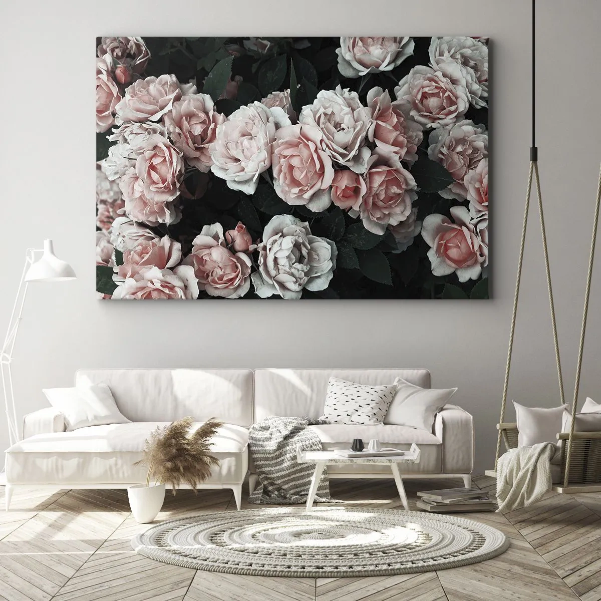 Bild auf Leinwand - Leinwandbild - Rosa Rosen auf dunklem Hintergrund in einer subtilen Komposition - 70x50cm - Rosen-Ensemble - Moderne Wanddekoration für Wohnzimmer und Schlafzimmer ARTTOR