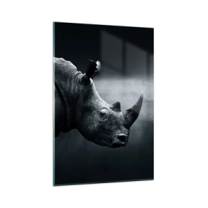 Glasbild - Bild auf glas - Schwarz-Weiß-Porträt eines Nashorns vor dunklem Hintergrund - 80x120cm - Richtiges Profil - Moderne Wanddekoration für Wohnzimmer und Schlafzimmer ARTTOR
