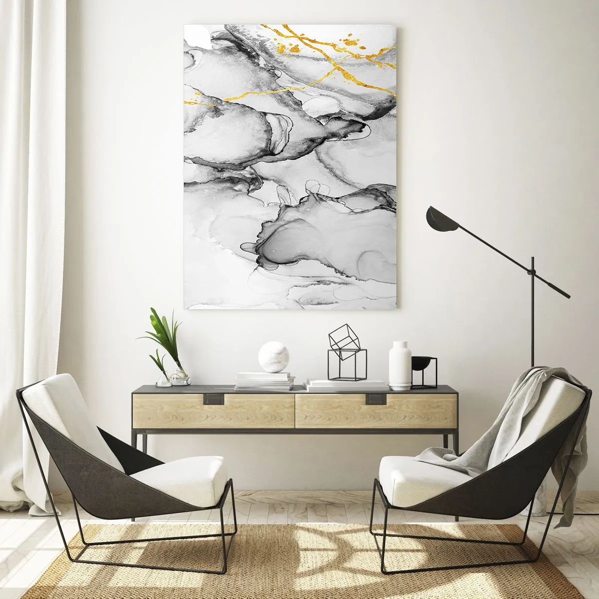 Glasbild - Bild auf glas - Abstrakte Schwarz-Weiß-Komposition mit goldenem Akzent - 50x70cm - Komposition mit Goldmotiv - Moderne Wanddekoration für Wohnzimmer und Schlafzimmer ARTTOR