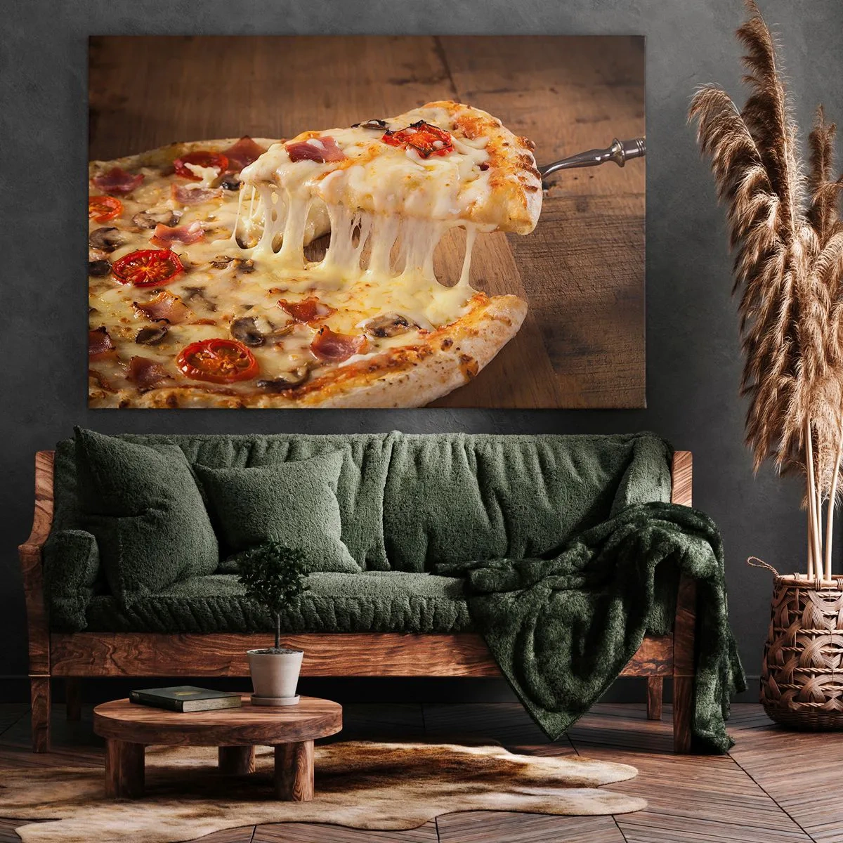 Bild auf Leinwand - Leinwandbild - Pizza mit faserigem Käse - 120x80cm - Ein Meisterwerk der italienischen Kunst - Moderne Wanddekoration für Wohnzimmer und Schlafzimmer ARTTOR