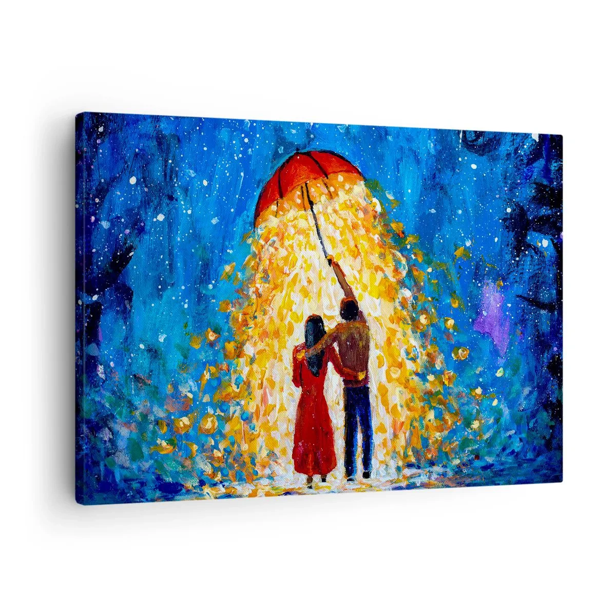 Bild auf Leinwand - Leinwandbild - Ein Paar unter einem roten Regenschirm im leuchtenden Regen - 70x50cm - Zauber eines Regenabends? - Moderne Wanddekoration für Wohnzimmer und Schlafzimmer ARTTOR