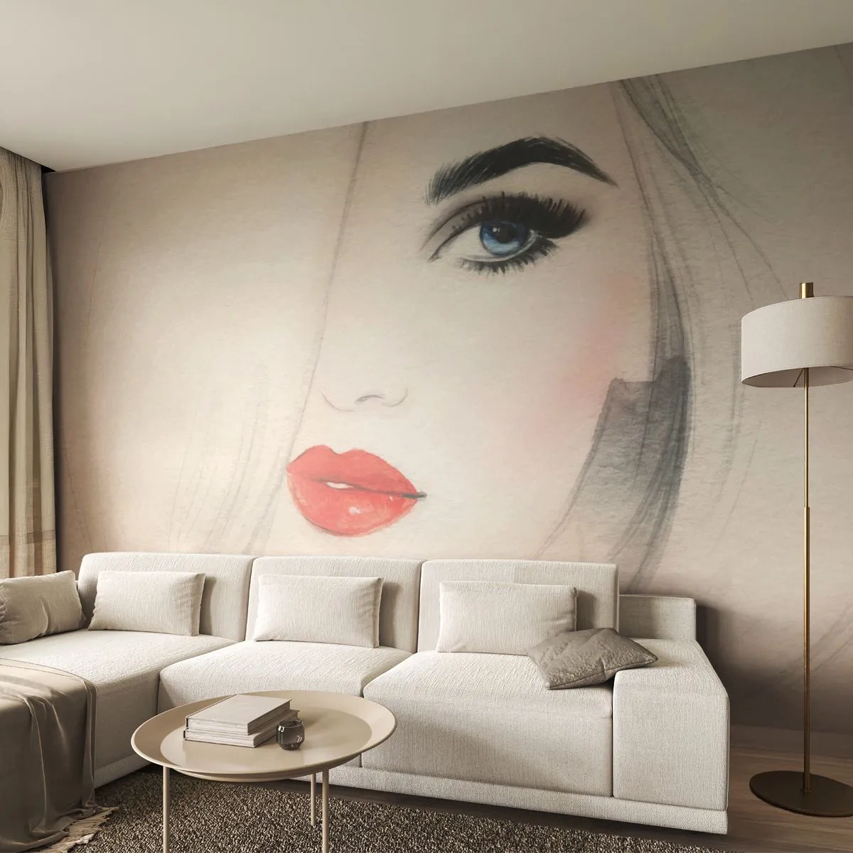 Fototapete Premium Sand - Es hypnotisiert und berauscht - Porträt einer Frau, Das Gesicht einer Frau, rote Lippen - 350x256 cm