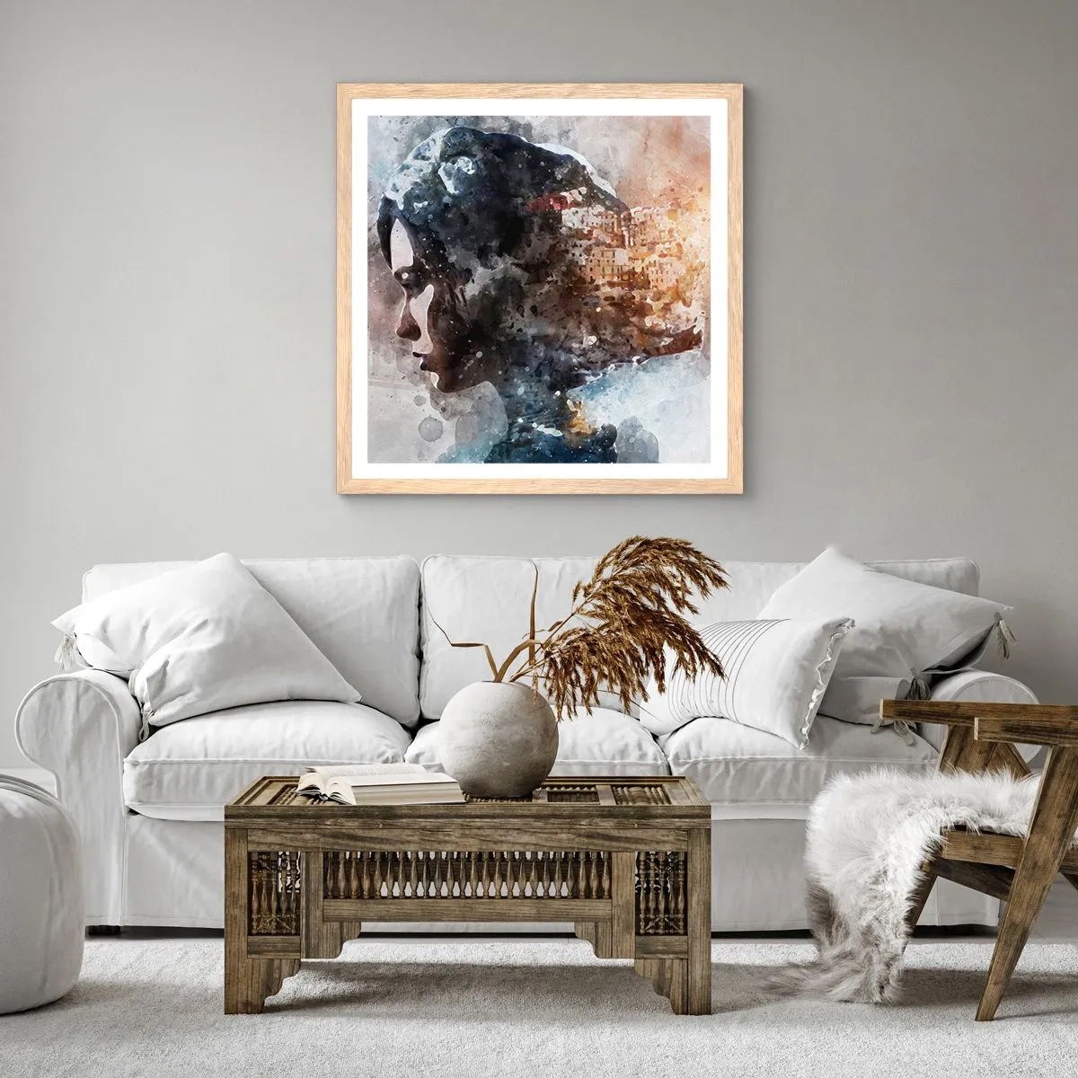 Poster in einem Rahmen aus heller Eiche - Eine Geschichte über ein Mädchen mit einer Stadt im Hintergrund - 30x30 cm