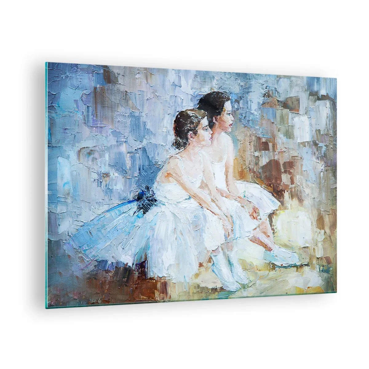 Glasbild - Bild auf glas - Zwei Ballerinas in weißen Kleidern vor impressionistischem Hintergrund - 70x50cm - Rest der jungen Schwäne - Moderne Wanddekoration für Wohnzimmer und Schlafzimmer ARTTOR