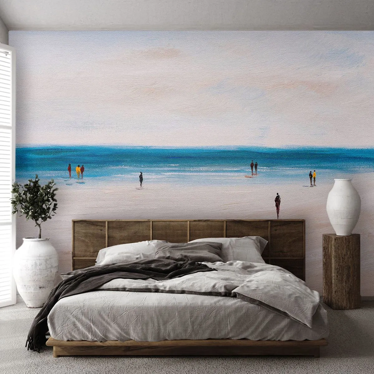 Fototapete Premium Sand - Ein minimalistischer Strand mit Figuren, die am Ufer entlanglaufen. - 100x70cm - Natürliches Bedürfnis - Moderne Wanddekoration für Wohnzimmer und Schlafzimmer ARTTOR
