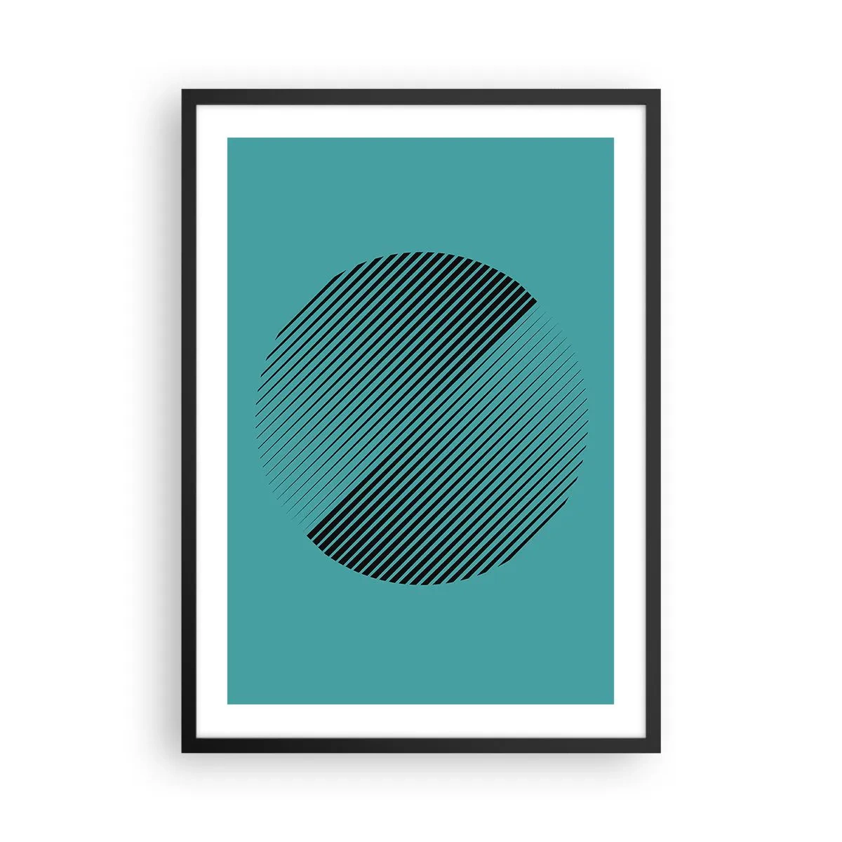 Poster in einem schwarzem Rahmen - Minimalistische Kreisgrafik mit Linien auf türkisfarbenem Hintergrund - 50x70cm - Kreis – eine geometrische Variante - Moderne Wanddekoration für Wohnzimmer und Schlafzimmer ARTTOR