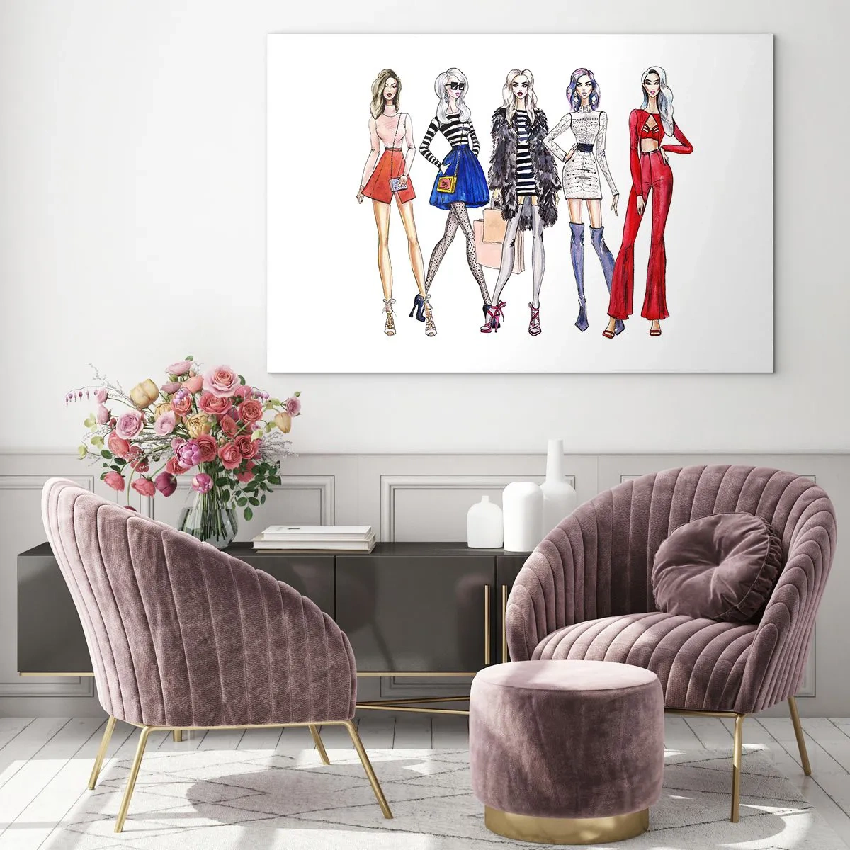 Glasbild - Bild auf glas - Modische Charaktere in stylischen Outfits in der Illustration - 120x80cm - Jede Woche Fashion Week - Moderne Wanddekoration für Wohnzimmer und Schlafzimmer ARTTOR