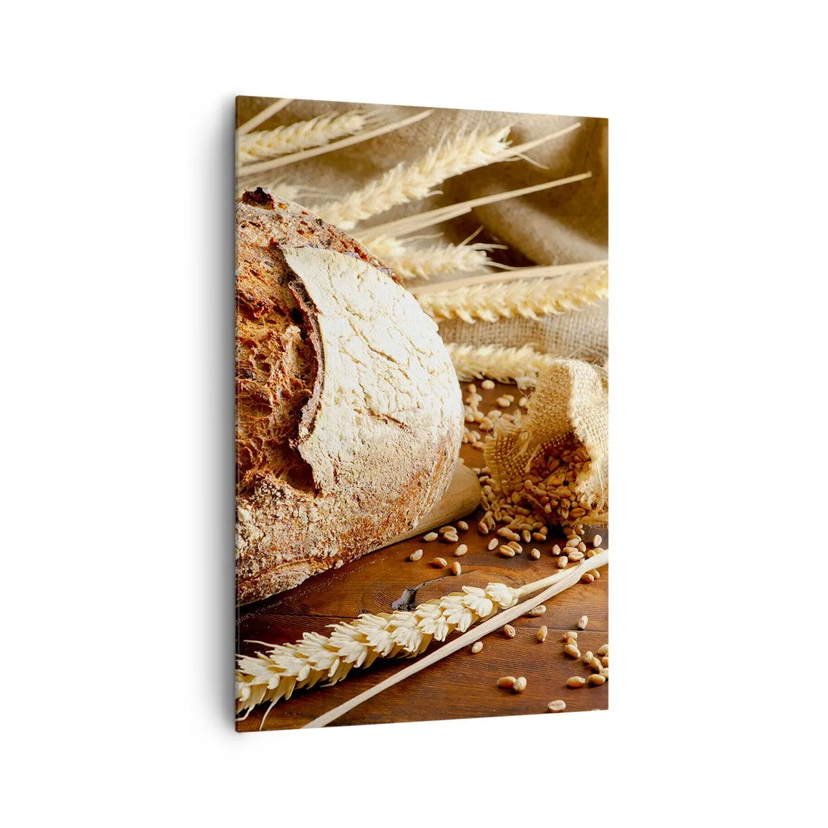 Bild auf Leinwand - Leinwandbild - Knuspriges Brot mit Körnern und Weizenähren auf Holzhintergrund - 80x120cm - Appetitanregend, duftend, knackig - Moderne Wanddekoration für Wohnzimmer und Schlafzimmer ARTTOR