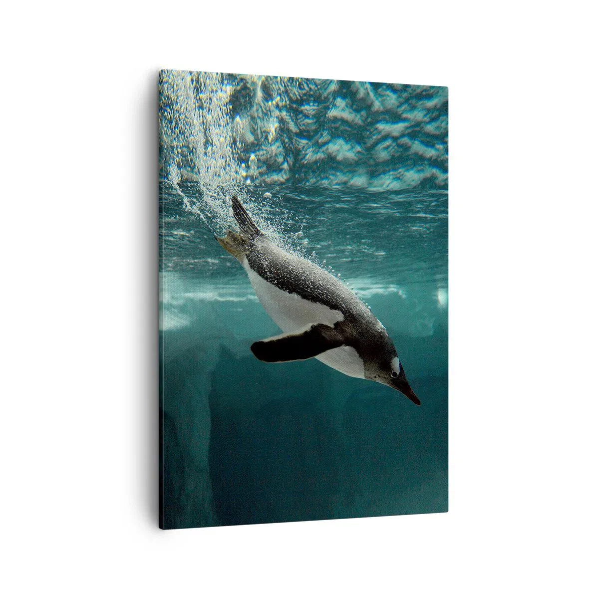 Bild auf Leinwand - Leinwandbild - Ein Pinguin taucht in die Tiefen des eisigen Wassers - 50x70cm - Willkommen in meiner Welt - Moderne Wanddekoration für Wohnzimmer und Schlafzimmer ARTTOR