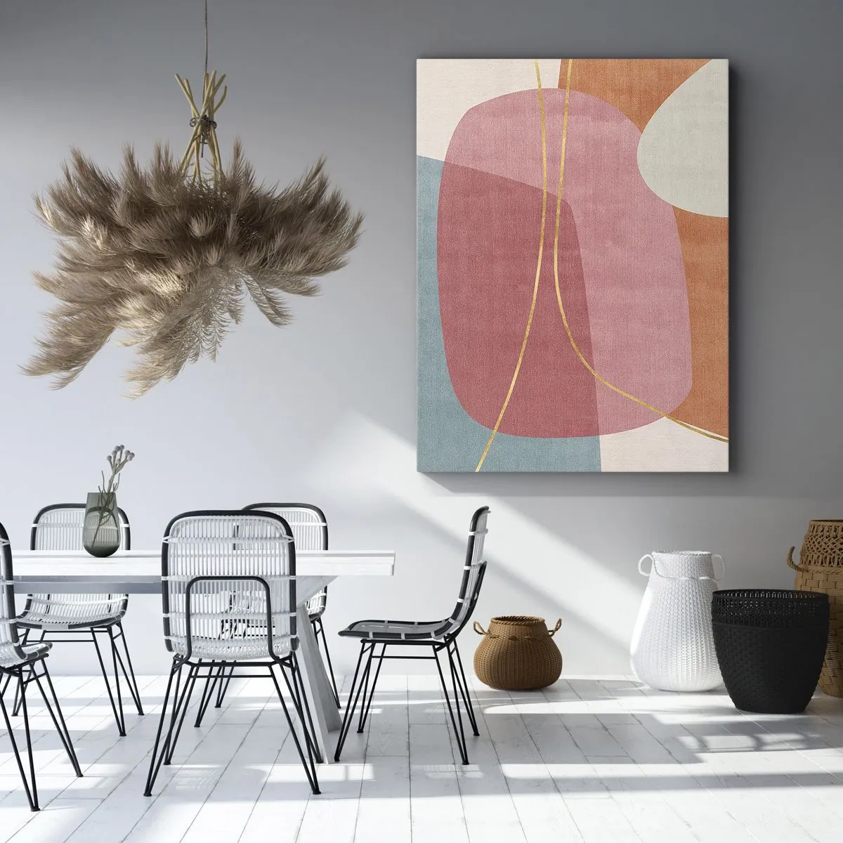 Bild auf Leinwand - Leinwandbild - Abstrakte Formen in Pastellfarben mit zarten Linien - 50x70cm - Pastellkomposition mit Goldfaden - Moderne Wanddekoration für Wohnzimmer und Schlafzimmer ARTTOR