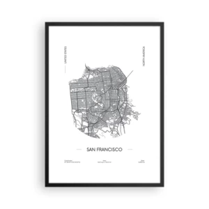 Poster in einem schwarzem Rahmen - Eine minimalistische Karte von San Francisco in Schwarzweiß. - 50x70cm - Anatomie von San Francisco - Moderne Wanddekoration für Wohnzimmer und Schlafzimmer ARTTOR