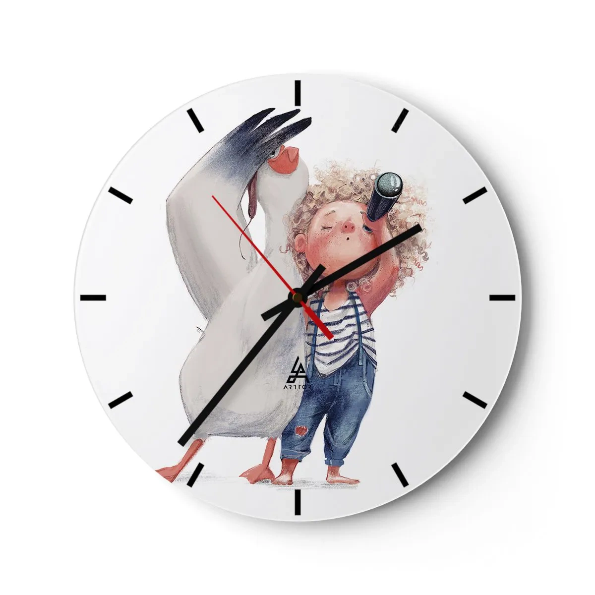 Wanduhr - Glasuhr - Ein Kind mit Fernglas und einem großen Vogel auf weißem Hintergrund - 30x30cm - Toller Reiseplan - Moderne Wanddekoration für Wohnzimmer, Küche und Schlafzimmer ARTTOR