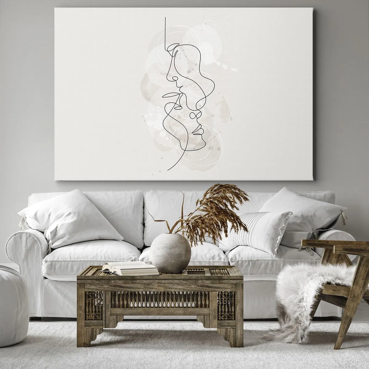 Bild auf Leinwand - Leinwandbild - Abstrakte Umrisse zweier Gesichter auf hellem Hintergrund - 70x50cm - Verstrickt in eine Umarmung - Moderne Wanddekoration für Wohnzimmer und Schlafzimmer ARTTOR
