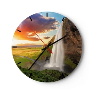 Wanduhr - Glasuhr - Ein Wasserfall in der isländischen Landschaft bei Sonnenuntergang - 30x30cm - Die Fülle des isländischen Sommers - Moderne Wanddekoration für Wohnzimmer, Küche und Schlafzimmer ARTTOR