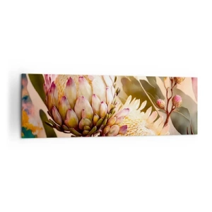 Bild auf Leinwand - Leinwandbild - Bunte Protea-Blüten auf zartem Hintergrund - 160x50cm - Zärtlich umarmt - Moderne Wanddekoration für Wohnzimmer und Schlafzimmer ARTTOR
