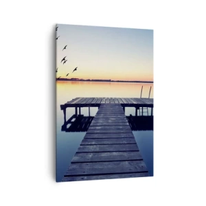 Bild auf Leinwand - Leinwandbild - Holzsteg auf einem See bei Sonnenaufgang mit Vögeln - 70x100cm - Das war ein guter Tag - Moderne Wanddekoration für Wohnzimmer und Schlafzimmer ARTTOR