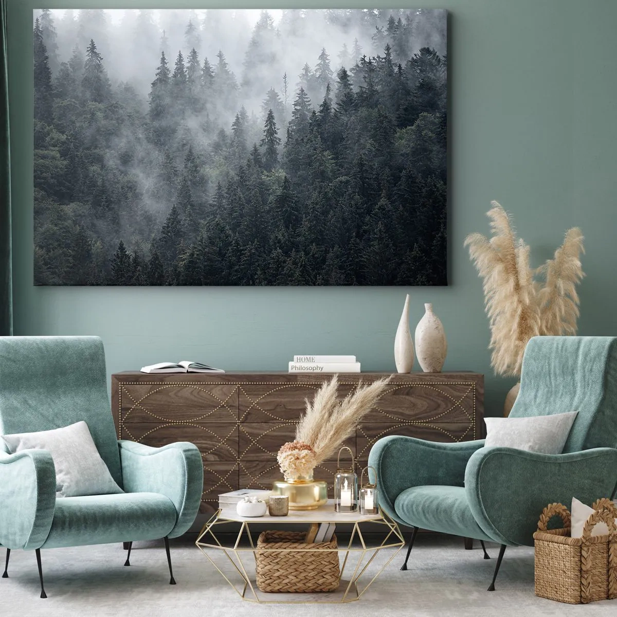 Bild auf Leinwand - Leinwandbild - Nebliger Nadelwald in Grau- und Grüntönen - 100x70cm - Walddämmerung - Moderne Wanddekoration für Wohnzimmer und Schlafzimmer ARTTOR