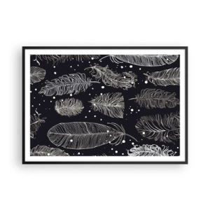 Poster in einem schwarzem Rahmen - Zarte weiße Federn auf marineblauem Hintergrund - 100x70cm - Gefiederte Spitze - Moderne Wanddekoration für Wohnzimmer und Schlafzimmer ARTTOR