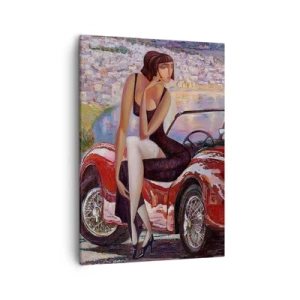 Bild auf Leinwand - Leinwandbild - Eine Frau neben einem roten Auto mit einer Stadt im Hintergrund - 50x70cm - Sommer? Nur an der Riviera - Moderne Wanddekoration für Wohnzimmer und Schlafzimmer ARTTOR