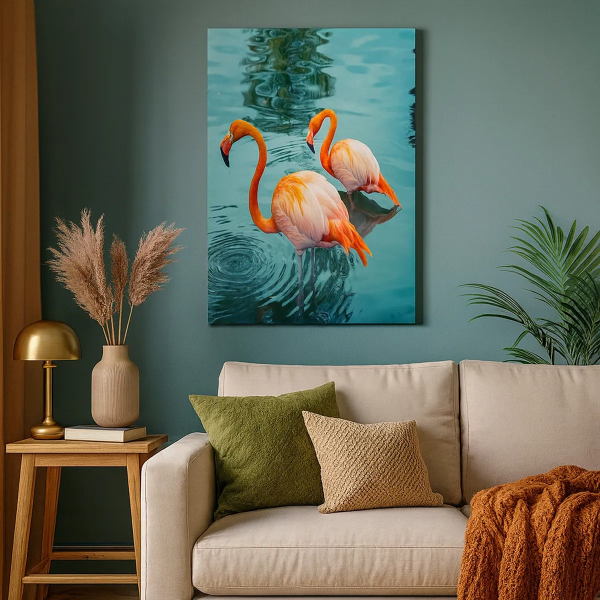 Bild auf Leinwand - Leinwandbild - Zwei Flamingos im ruhigen Wasser spiegeln ihre Umgebung wider - 50x70cm - Wir sind jetzt in Mode - Moderne Wanddekoration für Wohnzimmer und Schlafzimmer ARTTOR