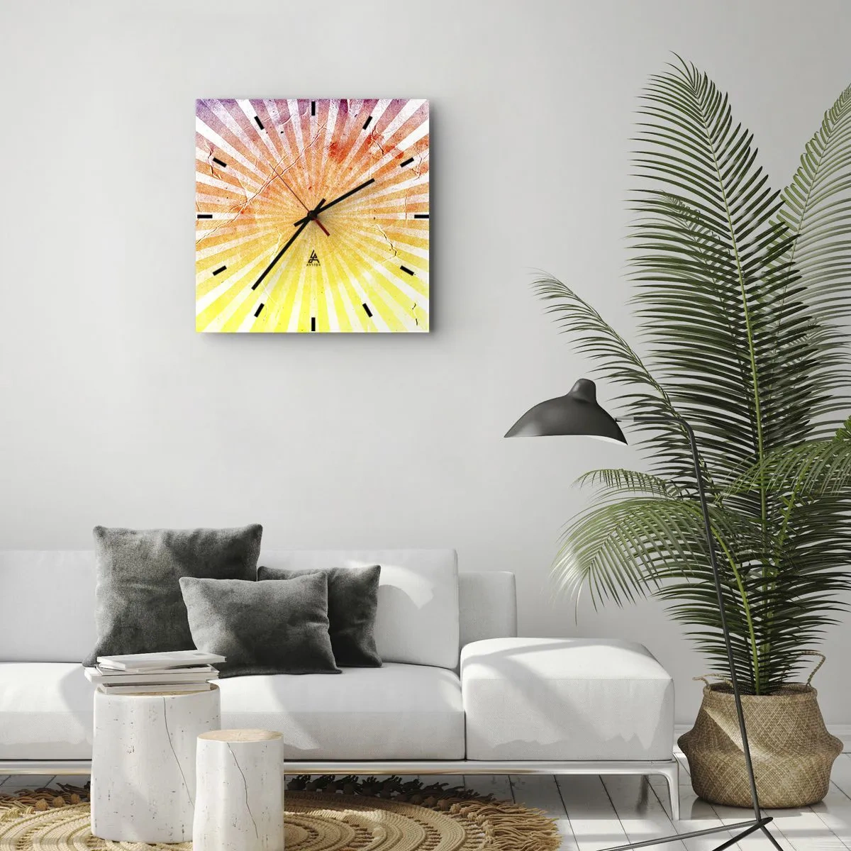 Wanduhr - Glasuhr - Sonnenstrahlen in Orange- und Gelbtönen - 30x30cm - Sonnenaufgänge und Sonnenuntergänge - Moderne Wanddekoration für Wohnzimmer und Schlafzimmer ARTTOR