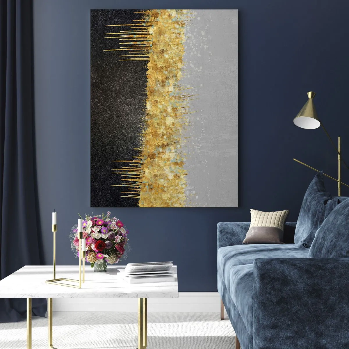 Glasbild - Bild auf glas - Abstrakte Komposition in Gold- und Schwarztönen - 80x120cm - Nach innen und nach oben - Moderne Wanddekoration für Wohnzimmer und Schlafzimmer ARTTOR