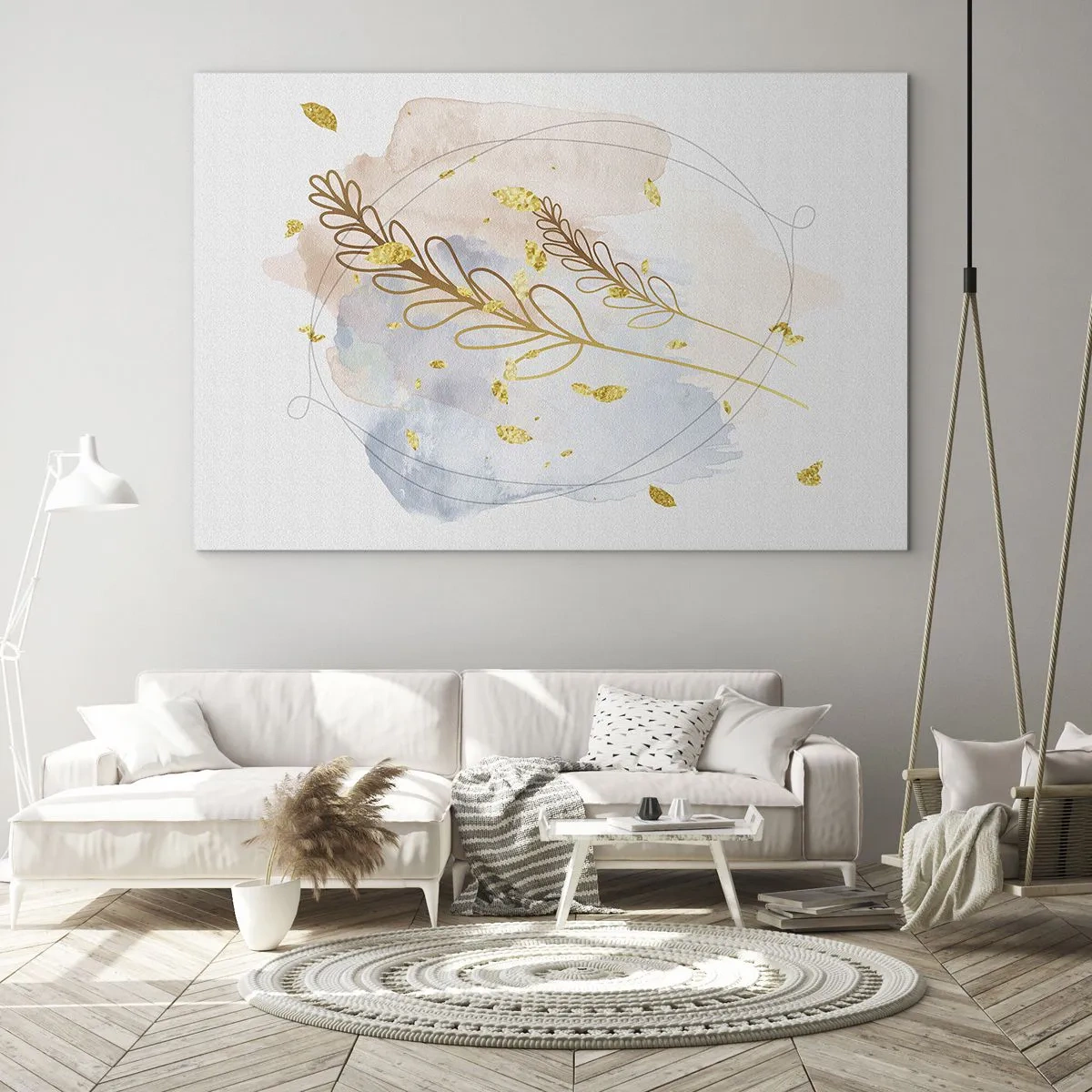 Glasbild - Bild auf glas - Eine zarte Komposition mit Zweigen und goldenen Blättern in Aquarell - 70x50cm - Goldenr Hauch - Moderne Wanddekoration für Wohnzimmer und Schlafzimmer ARTTOR