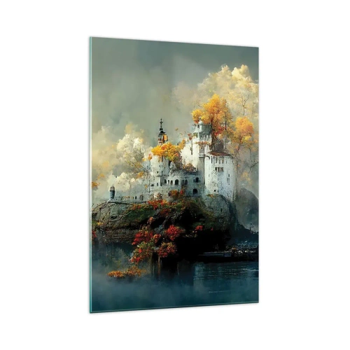 Glasbild - Bild auf glas - Ein Schloss auf einem Hügel, umgeben von herbstlichen Bäumen - 70x100cm - Beginn einer romantischen Geschichte - Moderne Wanddekoration für Wohnzimmer und Schlafzimmer ARTTOR