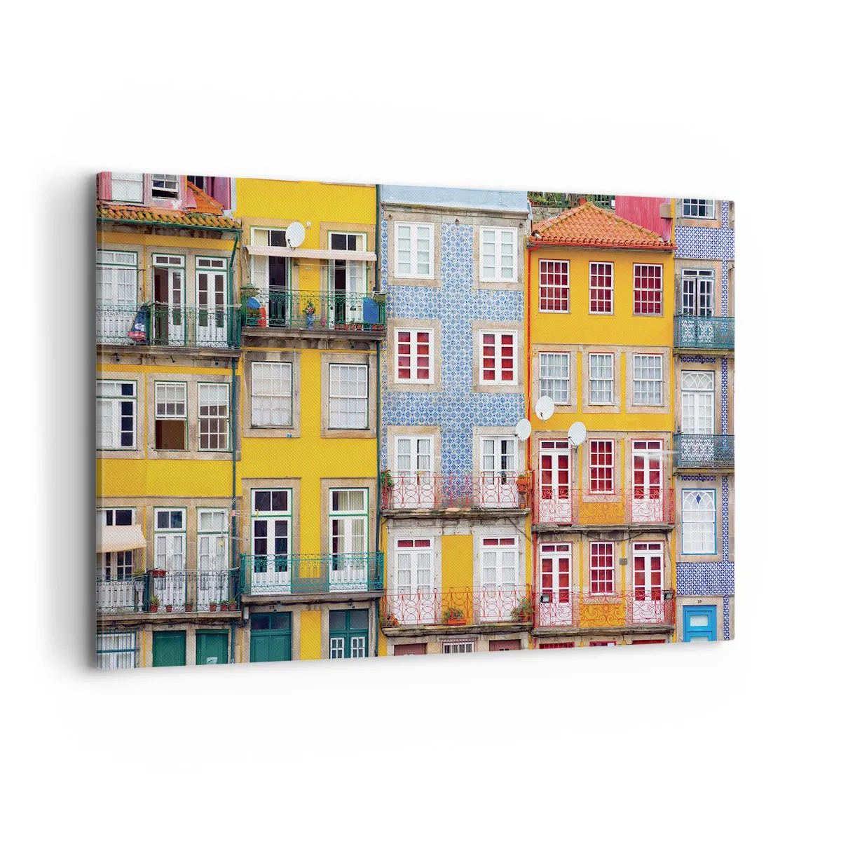 Bild auf Leinwand - Leinwandbild - Bunte Fassaden von Mietshäusern im Stadtbild - 120x80cm - Farben der Altstadt - Moderne Wanddekoration für Wohnzimmer und Schlafzimmer ARTTOR