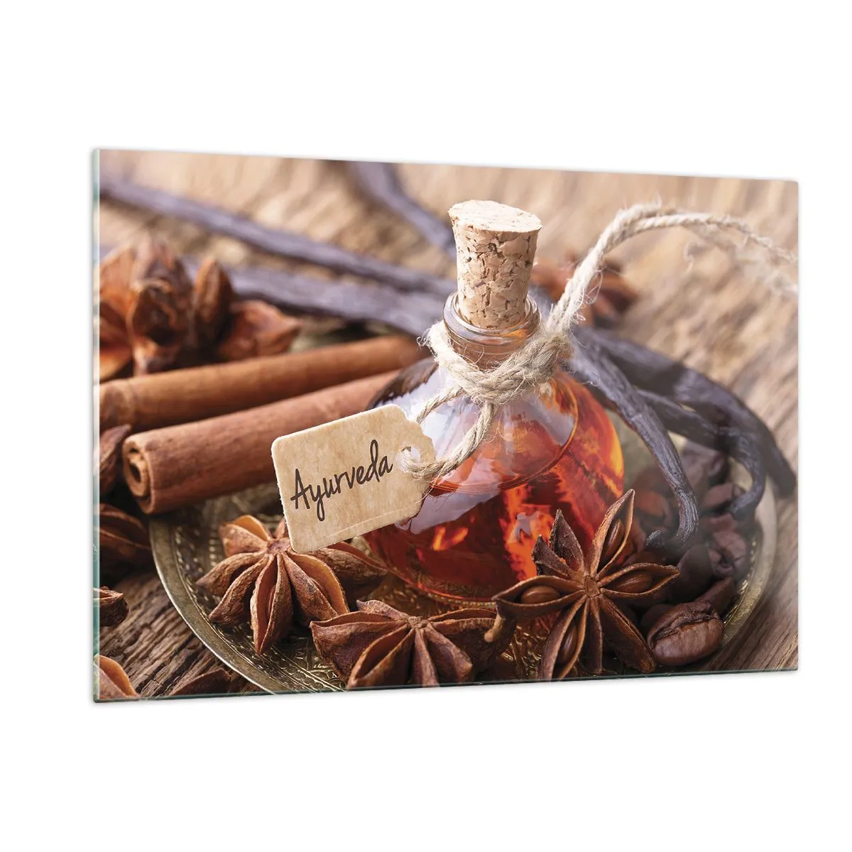 Glasbild - Bild auf glas - Öl- und Gewürzflasche im ayurvedischen Stil - 120x80cm - Zur Einheit von Körper und Geist - Moderne Wanddekoration für Wohnzimmer und Schlafzimmer ARTTOR