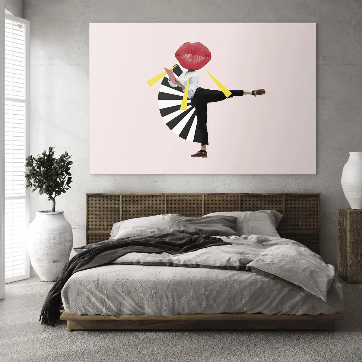Glasbild - Bild auf glas - Eine surreale Pop-Art-Komposition mit einer Figur mit großem Mund vor einem rosa Hintergrund. - 70x50cm - Surreale Pop-Art - Moderne Wanddekoration für Wohnzimmer und Schlafzimmer ARTTOR