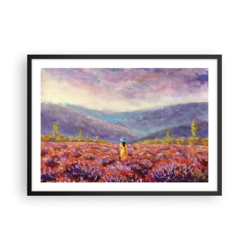 Poster in einem schwarzem Rahmen - Eine Frau mit Hut geht durch ein Lavendelfeld. - 70x50cm - In einer Lavendelwelt - Moderne Wanddekoration für Wohnzimmer und Schlafzimmer ARTTOR