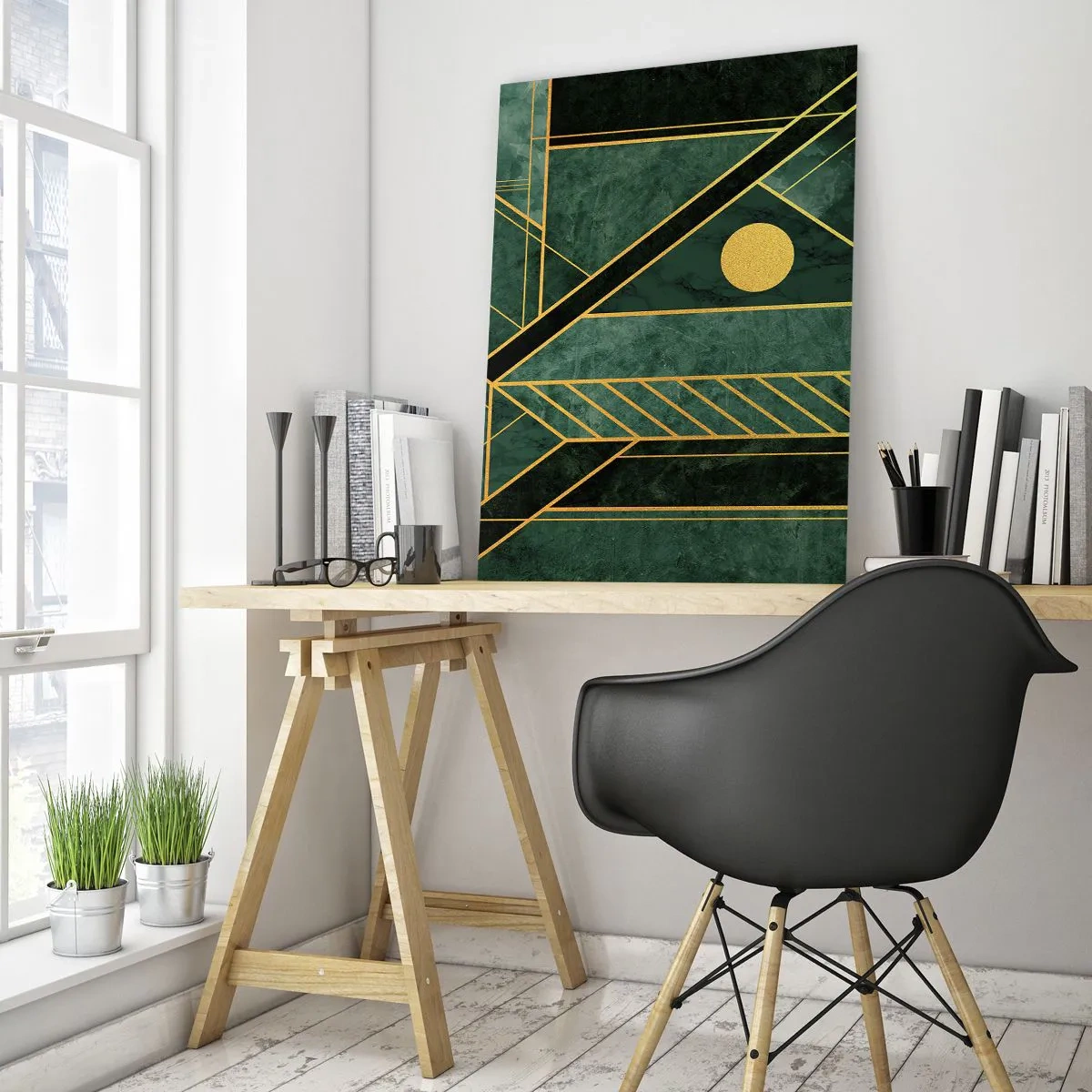 Glasbild - Bild auf glas - Grünes und goldenes geometrisches Design mit elegantem Muster - 70x100cm - Dynamik von Gold und Azurblau - Moderne Wanddekoration für Wohnzimmer und Schlafzimmer ARTTOR