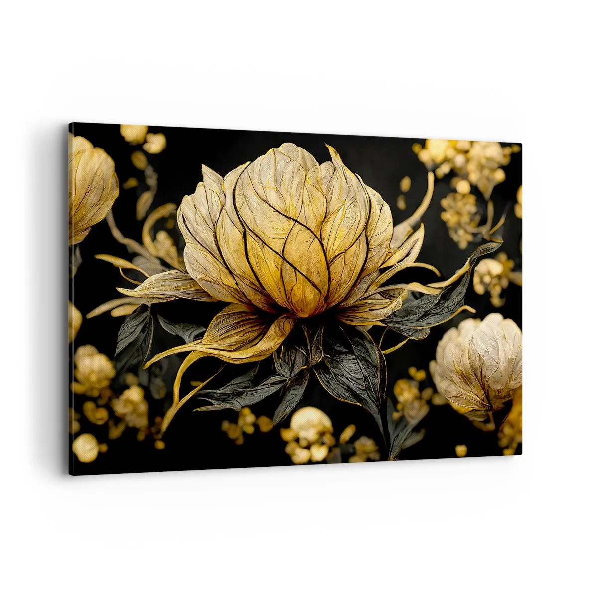 Bild auf Leinwand - Leinwandbild - Goldene Blume auf dunklem Hintergrund - 100x70cm - Subtile Zerbrechlichkeit - Moderne Wanddekoration für Wohnzimmer und Schlafzimmer ARTTOR